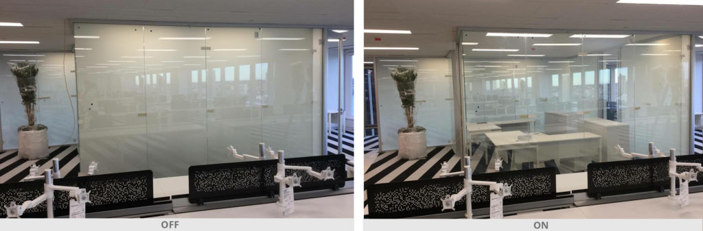 Controlled switchable glazing for glass partitions